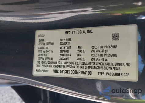 2022 Tesla Model 3 Performance Dual Motor All-Wheel Drive z USA, uszkodzony, nr VIN 5YJ3E1EC0NF194190
